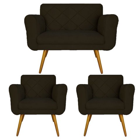 Conjunto Namoradeira e 2 Poltrona Isabella Sala de Estar Corano Marrom - LM DECOR