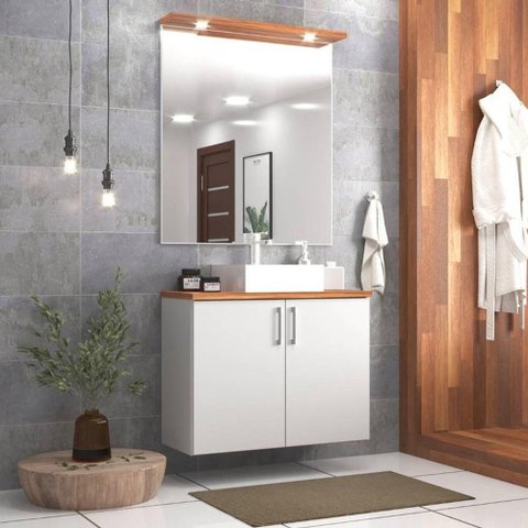 Gabinete para Banheiro com Cuba e Espelho com Led 80cm Mdf Freijo com Branco Paris - On Móveis