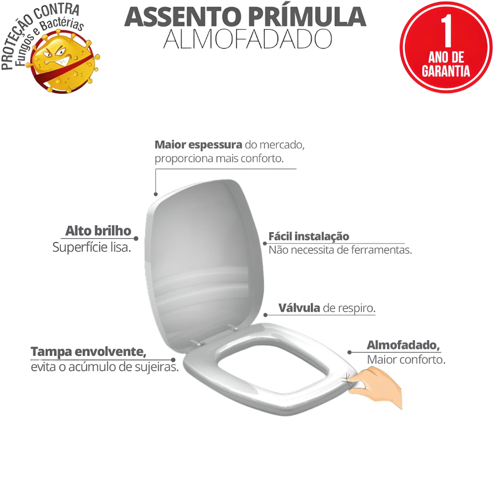 Assento Tampa para Vaso Sanitário Almofadado Compatível Prímula Branco Durín - 2