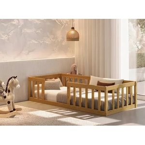 Cama Solteiro Montessoriana com Grade de Proteção Premium Luxo Quarto Moderno Cercado Cor Nature