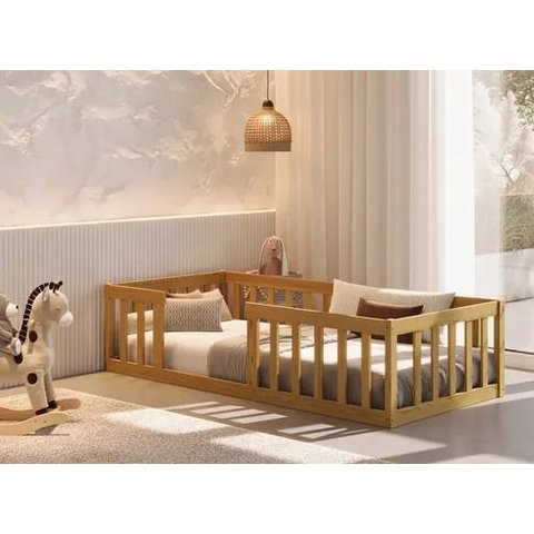 Cama Solteiro Montessoriana com Grade de Proteção Premium Luxo Quarto Moderno Cercado Cor Nature