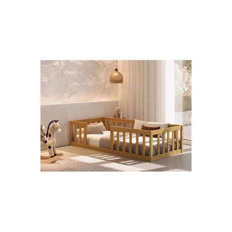 Cama Solteiro Montessoriana com Grade de Proteção Premium Luxo Quarto Moderno Cercado Cor Nature
