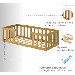 Cama Solteiro Montessoriana com Grade de Proteção Premium Luxo Quarto Moderno Cercado Cor Nature - 4