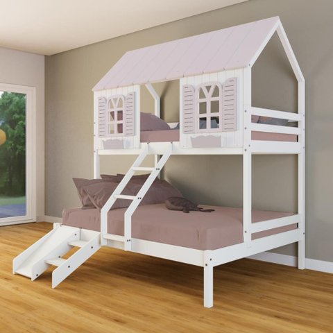 Beliche Casal/ Solteiro Casinha Bela com Kit Escada/escorregador - Madeira Maciça Branco/rosa |