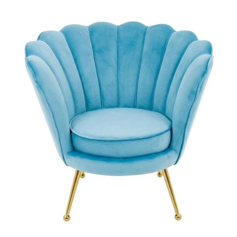 Poltrona Shell em Inox Dourado e Estofado Aveludado Azul Claro 86x63x67cm
