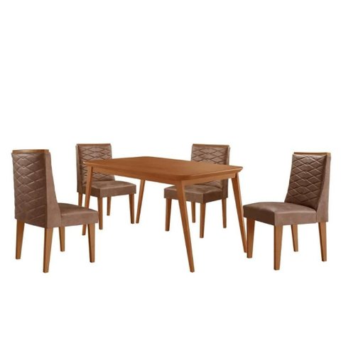 Conjunto: Mesa de Cozinha Havana Tampo Curvo 120cm+4 Cadeiras Dafne Madeira Naturale - Capuccino/