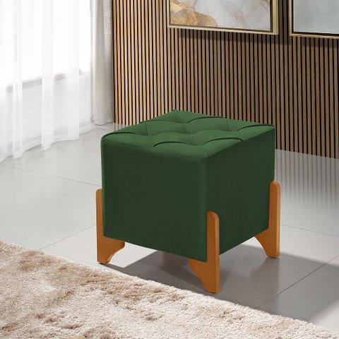 Puff Monet em Veludo Verde Base em Madeira Maciça
