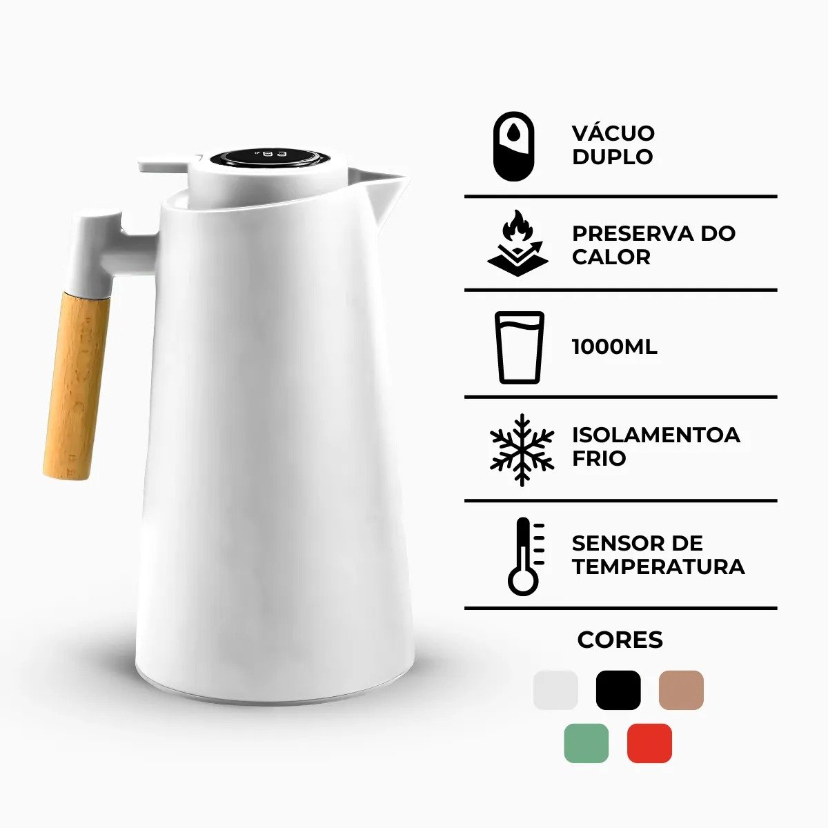 Garrafa Térmica com Termômetro 1l Cabo para Madeira Chá Café Cor:branco - 9