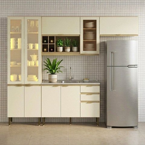 Cozinha Modulada com Armário Aéreo Balcão e Cristaleira LED sem Tampo de Pia Nanda Nature/Arenas