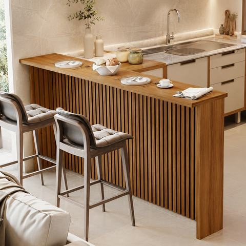 Bancada Painel de Ilha Ripado para Cozinha 200cm MDF Freijó - Nesher