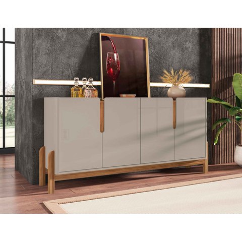Aparador Buffet Sala 170cm Liz 4 Portas com Adega com Pés de Madeira Offwhite com Cedro - Rede Móvei