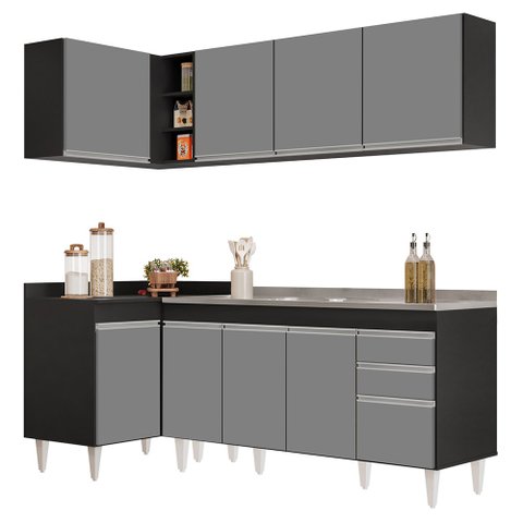 Armário de Cozinha Modulado de Canto Direito 4 Peças Cp42 com Pia Inox Preto/cinza - Lumil Lumil Móv