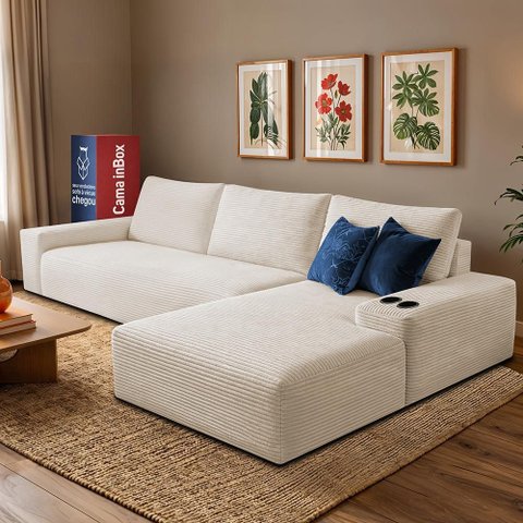 Sofá Modular Evo de 3 Lugares com Chaise Dir Two 2,70m Boost Tech em Velourê Bege Cama Inbox