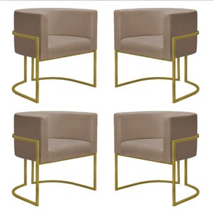 Kit 4 Poltronas Reforçada Decorativa Sala Nayara Base Ferro Dourado Suede Capuccino