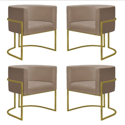 Kit 4 Poltronas Reforçada Decorativa Sala Nayara Base Ferro Dourado Suede Capuccino