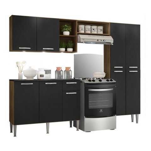 Cozinha Compacta c/ 3 Leds 3 pçs Pequim Multimóveis V3413 Nogueira/Preta