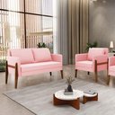 Ver mais imagens de Kit 1 Sofá Namoradeira e 1 Poltrona Lana Suede Rosa Bebê Base de Madeira - D’Rossi