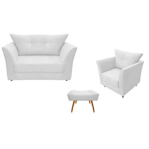 Kit Namoradeira + 1 Poltrona Decorativa Isis + 1 Puff Retangular Couro Branco Pés Madeira Mz Decor