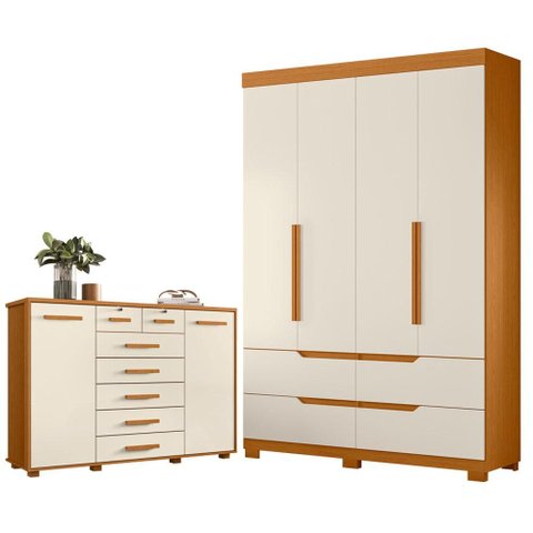 Guarda Roupa Solteiro Doble 04 Portas e Cômoda Fontana Cinamomo Off White - Móveis Albatroz
