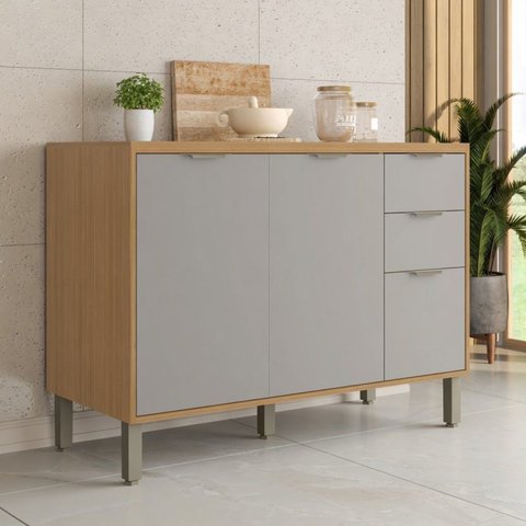 Balcão com Tampo 3 Portas 2 Gavetas 120cm Cinza/Freijó/Chalck