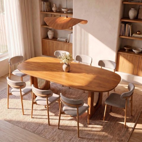Conjunto de Jantar Mesa Orgânica Tali 210cm e 8 Cadeiras Ema CabeCasa MadeiraOriginals Marrom/Prata