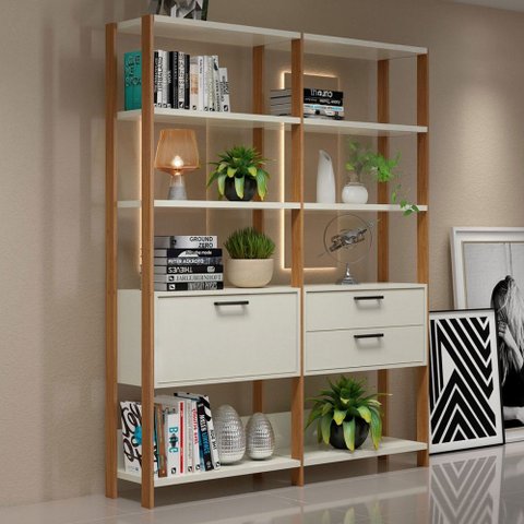 Estante para Livros 1 Porta 2 Gavetas 100% Mdf E92 Off White/freijó/gold - Pradel