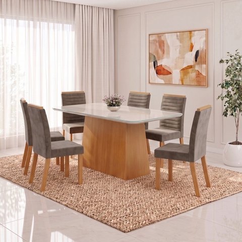 Conjunto Sala de Jantar Mesa Dora 160cm Tampo MDF e Vidro Canto Arredondado 6 Cadeiras Tainá