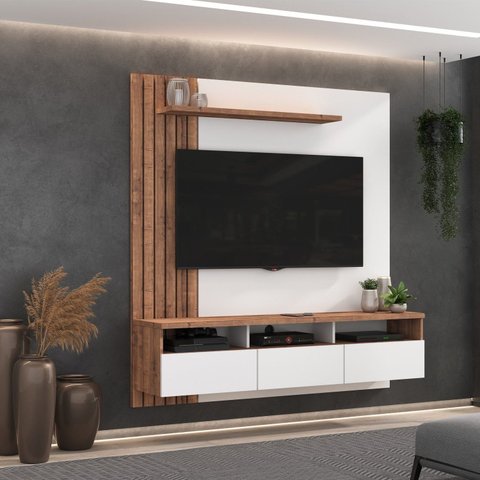 Painel Ripado para TV até 65 Polegadas 155CMX165CM 3 Gavetas BP1065 Foscarini Branco