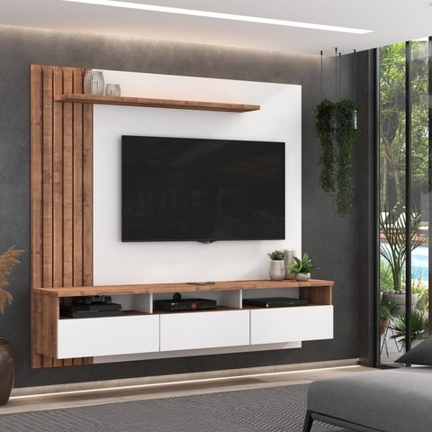 Painel Ripado para TV até 65 Polegadas 180CMX165CM 3 Gavetas BP Foscarini Branco