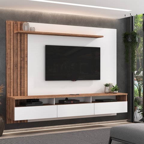 Painel Ripado para TV até 65 Polegadas 220CMX165CM 3 Gavetas BP Foscarini Branco