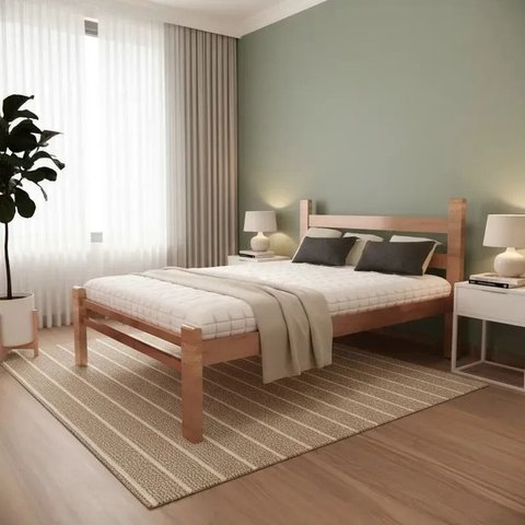 Cama Casal Reforçada em Madeira Maciça Natural