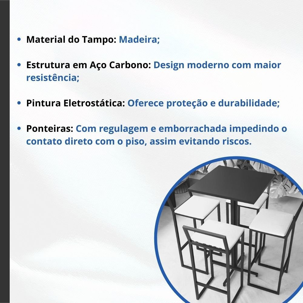 Conjunto Mesa Alta Bar Bistrô Quadrada Preta 4 Banquetas Confort Estofado Industrial Black Don Castr - 3