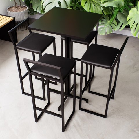 Conjunto Mesa Alta Bar Bistrô Quadrada Preta 4 Banquetas Confort Estofado Don Castro