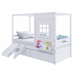 Cama Casinha Reta com 02 Gavetas e Escorregador Madeira Maciça Branco Housin - 2