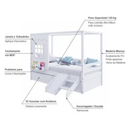 Cama Casinha Reta com 02 Gavetas e Escorregador Madeira Maciça Branco Housin - 3