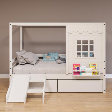 Cama Casinha Reta com 02 Gavetas e Escorregador Madeira Maciça Branco Housin
