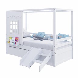 Cama Casinha Reta com 02 Gavetas e Escorregador Madeira Maciça Branco Housin - 5