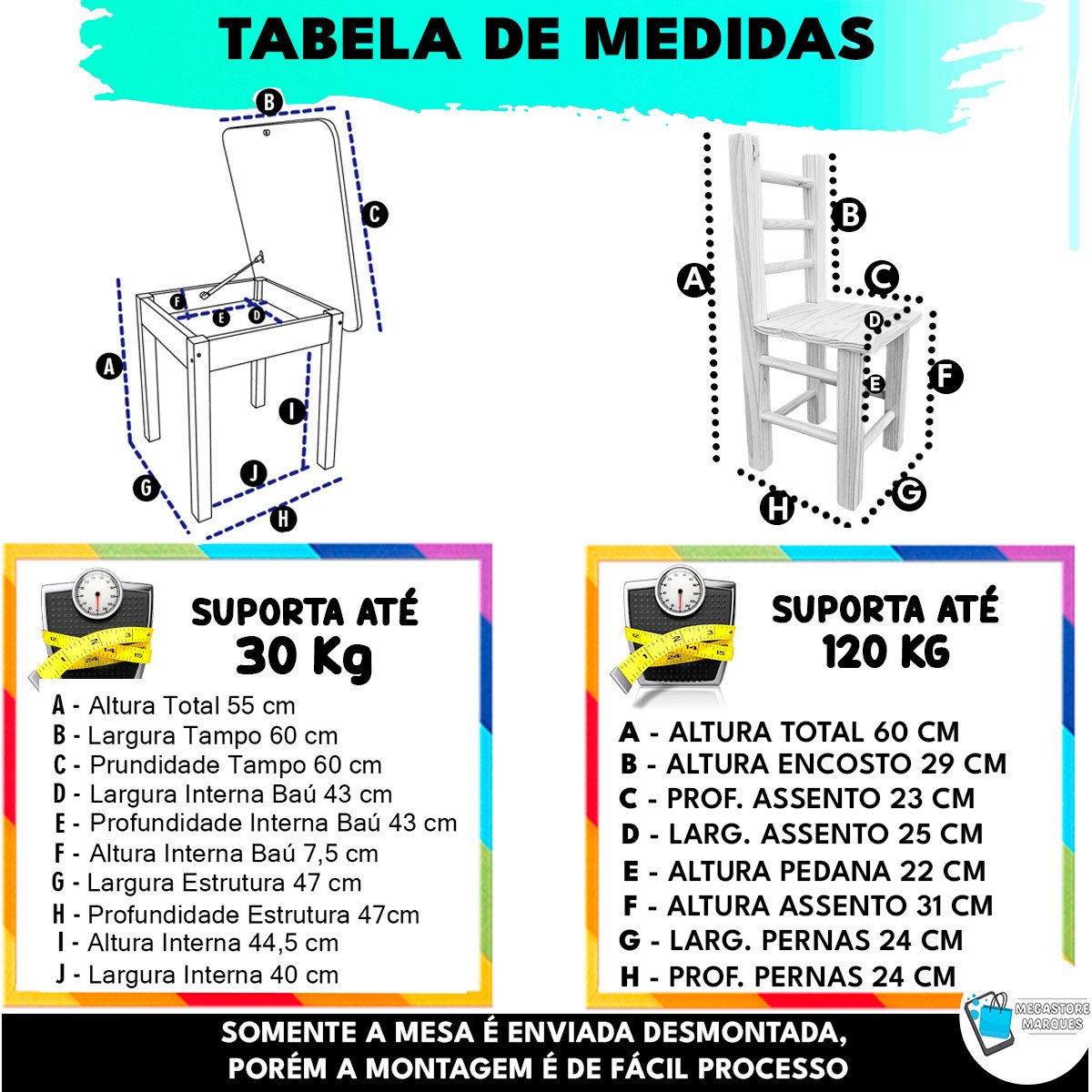 Conjunto de Mesa Mesinha Baú com 2 Cadeiras Infantil de Madeira Maciça Resistente - 4