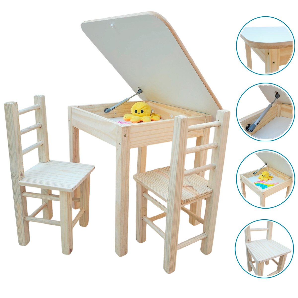 Conjunto de Mesa Mesinha Baú com 2 Cadeiras Infantil de Madeira Maciça Resistente - 3