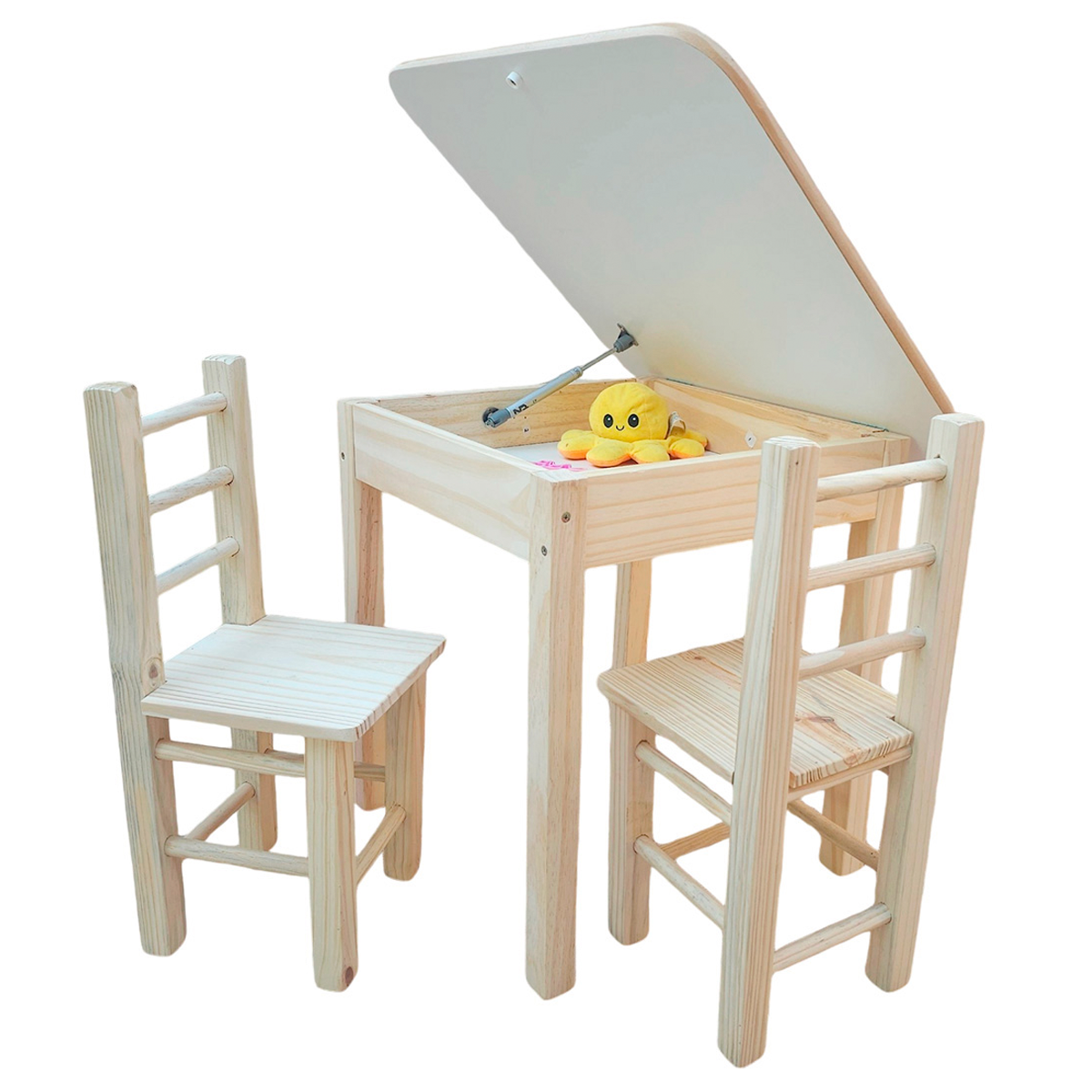 Conjunto de Mesa Mesinha Baú com 2 Cadeiras Infantil de Madeira Maciça Resistente