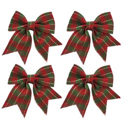 Kit 4 Laços Xadrez Rústico Vermelho e Verde Natal Modelo Rígido 12cm - Magizi - 1