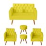 Kit Sofá 2 Lugares e 2 Poltrona Para Sala Bianca Capitonê Rodapé e 2 Puff Redondo Corino Amarelo - 1
