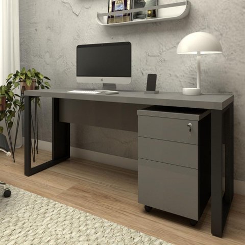 Mesa Escrivaninha Industrial 150cm Gaveteiro Clean Pés Metal Cor:cinza Sagrado com Preto