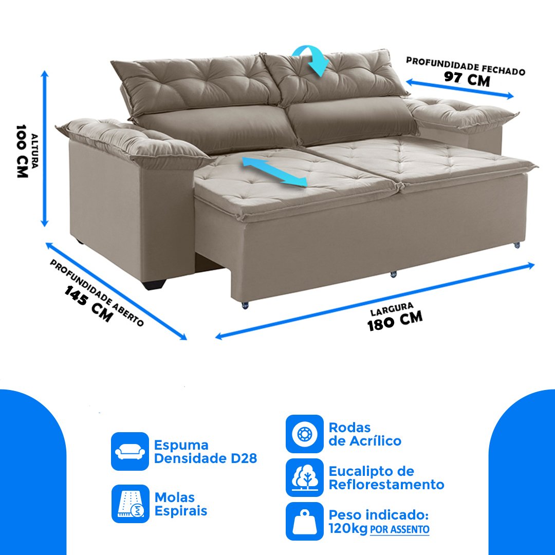 Sofá Compact 180cm Retrátil, Reclinável Castor 5 Posições com Molas Espirais - 3