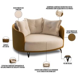 Chaise Redondo Living Orgânico Sala Estar Fixo Roy T03 Linho Cru Veludo Terracota - Lyam Decor - 4