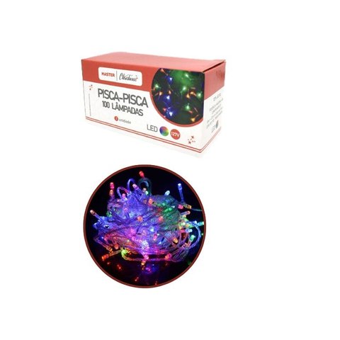 Pisca Pisca 100 Lâmpadas Led Colorido Fio Transparente 8 Funções 127v - Master Christmas