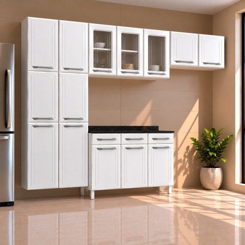 Cozinha de Aço Completa Modulada com Vidro 4 Peças Topázio Branco