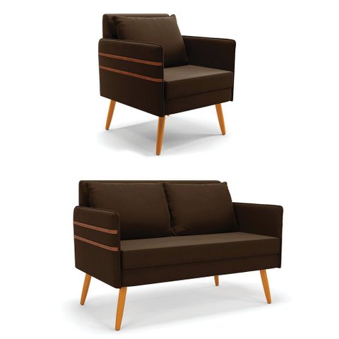Kit 01 Namoradeira 02 Lugares e 01 Poltrona Mari Suede Marrom Pés Palito Castanho - D’rossi