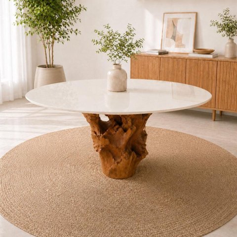 Mesa Jantar Redonda 135cm Base de Raiz Natural Cor:Off White e Raiz Natural