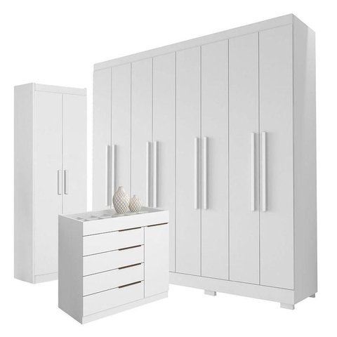 Guarda Roupa Casal Porto 8 Portas 4 Gavetas com Cômoda Sapateira Sevilha e Armário Multiuso 2 Portas